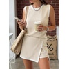 image:imageEVALESS 2 Piece Sets Women Summer Workout Outfits  Ribbed Knit Tank Top and Lined Split Skirt Womens Two Pieces Lounge Matching Set Travel Vacation Athletic Casual WearBeige