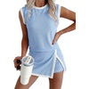 image:imageEVALESS 2 Piece Sets Women Summer Workout Outfits  Ribbed Knit Tank Top and Lined Split Skirt Womens Two Pieces Lounge Matching Set Travel Vacation Athletic Casual WearBeau Blue