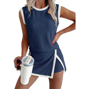 image:imageEVALESS 2 Piece Sets Women Summer Workout Outfits  Ribbed Knit Tank Top and Lined Split Skirt Womens Two Pieces Lounge Matching Set Travel Vacation Athletic Casual WearNavy Blue
