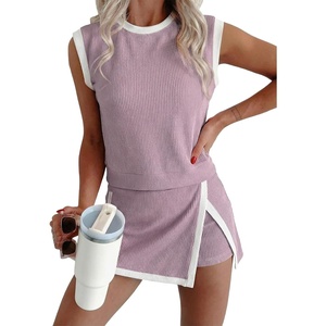 image:imageEVALESS 2 Piece Sets Women Summer Workout Outfits  Ribbed Knit Tank Top and Lined Split Skirt Womens Two Pieces Lounge Matching Set Travel Vacation Athletic Casual WearLight Purple