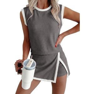 image:imageEVALESS 2 Piece Sets Women Summer Workout Outfits  Ribbed Knit Tank Top and Lined Split Skirt Womens Two Pieces Lounge Matching Set Travel Vacation Athletic Casual WearGrey