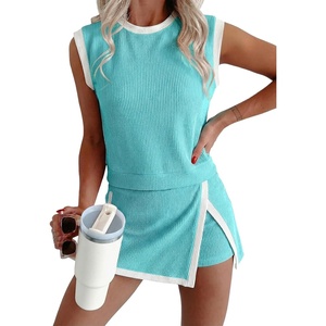 image:imageEVALESS 2 Piece Sets Women Summer Workout Outfits  Ribbed Knit Tank Top and Lined Split Skirt Womens Two Pieces Lounge Matching Set Travel Vacation Athletic Casual WearAruba Blue
