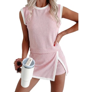 image:imageEVALESS 2 Piece Sets Women Summer Workout Outfits  Ribbed Knit Tank Top and Lined Split Skirt Womens Two Pieces Lounge Matching Set Travel Vacation Athletic Casual WearPink