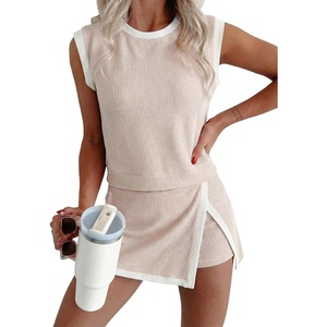 image:imageEVALESS 2 Piece Sets Women Summer Workout Outfits  Ribbed Knit Tank Top and Lined Split Skirt Womens Two Pieces Lounge Matching Set Travel Vacation Athletic Casual WearLight Khaki