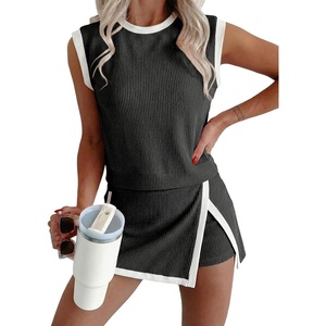 image:imageEVALESS 2 Piece Sets Women Summer Workout Outfits  Ribbed Knit Tank Top and Lined Split Skirt Womens Two Pieces Lounge Matching Set Travel Vacation Athletic Casual WearBlack
