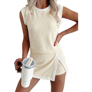 image:imageEVALESS 2 Piece Sets Women Summer Workout Outfits  Ribbed Knit Tank Top and Lined Split Skirt Womens Two Pieces Lounge Matching Set Travel Vacation Athletic Casual WearBeige