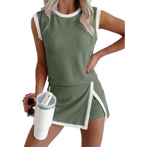 image:imageEVALESS 2 Piece Sets Women Summer Workout Outfits  Ribbed Knit Tank Top and Lined Split Skirt Womens Two Pieces Lounge Matching Set Travel Vacation Athletic Casual WearGreen