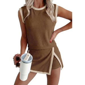 image:imageEVALESS 2 Piece Sets Women Summer Workout Outfits  Ribbed Knit Tank Top and Lined Split Skirt Womens Two Pieces Lounge Matching Set Travel Vacation Athletic Casual WearCoffee