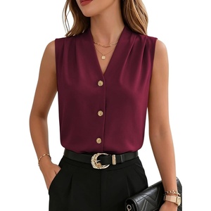 image:imageEVALESS Business Casual Tops for Women Button Down Work Sleeveless Blouses  Pleated V Neck Professional Tank Top Trendy 2026Fall Shirts Under BlazersOffice Interview OutfitsLightweightBreathableBurgundy