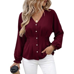 image:imageEVALESS Peplum Tops for Women Fall Long Sleeve Shirts  Smocked Waist Business Casual Dressy BlousesWork Office Interview Corporate Professional Formal OutfitsDate Night ClothesBurgundy