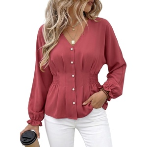 image:imageEVALESS Peplum Tops for Women Fall Long Sleeve Shirts  Smocked Waist Business Casual Dressy BlousesWork Office Interview Corporate Professional Formal OutfitsDate Night ClothesMineral Red