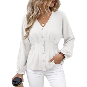 image:imageEVALESS Peplum Tops for Women Fall Long Sleeve Shirts  Smocked Waist Business Casual Dressy BlousesWork Office Interview Corporate Professional Formal OutfitsDate Night ClothesWhite