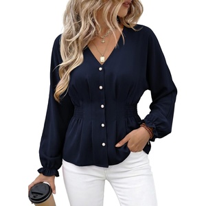 image:imageEVALESS Peplum Tops for Women Fall Long Sleeve Shirts  Smocked Waist Business Casual Dressy BlousesWork Office Interview Corporate Professional Formal OutfitsDate Night ClothesDirty Blue