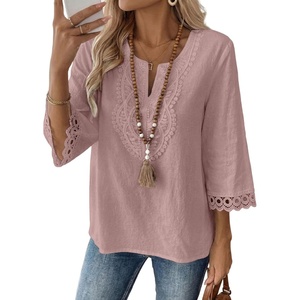 image:imageEVALESS Womens 34 Length Sleeve Boho Tops Summer Spring 2026 Trendy Lace  Crochet Going Out Dressy BlousesFashion Work Business CasualV Neck Cute Loose Basic T ShirtsBeach Vacation Outfits ClothesRose Tan