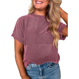 image:imageEVALESS Womens Tops Teacher Outfits Short Sleeve Cute Ribbed Stripes Tshirt  Teacher Outfits for WomenCasual Womens TopsDressy Casual Ribbed Stripes TshirtRound Neck Summer Fashion Outfits 202603 Mineral Red