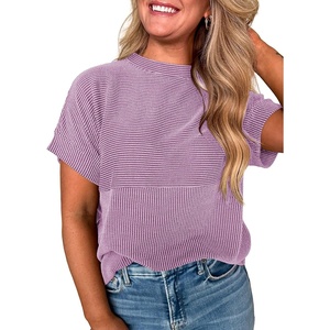 image:imageEVALESS Womens Tops Teacher Outfits Short Sleeve Cute Ribbed Stripes Tshirt  Teacher Outfits for WomenCasual Womens TopsDressy Casual Ribbed Stripes TshirtRound Neck Summer Fashion Outfits 2026Purple