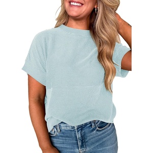 image:imageEVALESS Womens Tops Teacher Outfits Short Sleeve Cute Ribbed Stripes Tshirt  Teacher Outfits for WomenCasual Womens TopsDressy Casual Ribbed Stripes TshirtRound Neck Summer Fashion Outfits 202601 Beau Blue