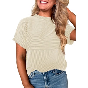 image:imageEVALESS Womens Tops Teacher Outfits Short Sleeve Cute Ribbed Stripes Tshirt  Teacher Outfits for WomenCasual Womens TopsDressy Casual Ribbed Stripes TshirtRound Neck Summer Fashion Outfits 2026Beige