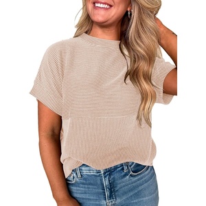 image:imageEVALESS Womens Tops Teacher Outfits Short Sleeve Cute Ribbed Stripes Tshirt  Teacher Outfits for WomenCasual Womens TopsDressy Casual Ribbed Stripes TshirtRound Neck Summer Fashion Outfits 202603 Light Khaki
