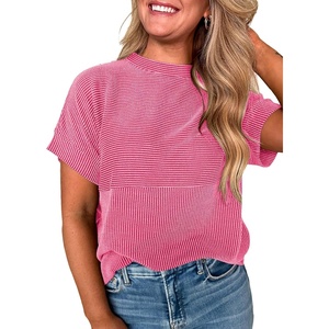 image:imageEVALESS Womens Tops Teacher Outfits Short Sleeve Cute Ribbed Stripes Tshirt  Teacher Outfits for WomenCasual Womens TopsDressy Casual Ribbed Stripes TshirtRound Neck Summer Fashion Outfits 202602 Bright Pink
