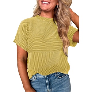 image:imageEVALESS Womens Tops Teacher Outfits Short Sleeve Cute Ribbed Stripes Tshirt  Teacher Outfits for WomenCasual Womens TopsDressy Casual Ribbed Stripes TshirtRound Neck Summer Fashion Outfits 2026Yellow
