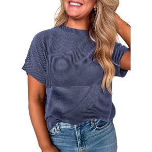 image:imageEVALESS Womens Tops Teacher Outfits Short Sleeve Cute Ribbed Stripes Tshirt  Teacher Outfits for WomenCasual Womens TopsDressy Casual Ribbed Stripes TshirtRound Neck Summer Fashion Outfits 202603 Dark Blue