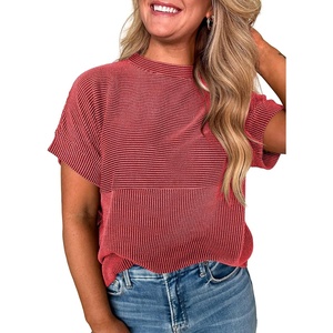 image:imageEVALESS Womens Tops Teacher Outfits Short Sleeve Cute Ribbed Stripes Tshirt  Teacher Outfits for WomenCasual Womens TopsDressy Casual Ribbed Stripes TshirtRound Neck Summer Fashion Outfits 2026Racing Red