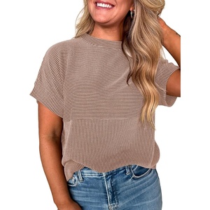image:imageEVALESS Womens Tops Teacher Outfits Short Sleeve Cute Ribbed Stripes Tshirt  Teacher Outfits for WomenCasual Womens TopsDressy Casual Ribbed Stripes TshirtRound Neck Summer Fashion Outfits 202603 Dark Brown