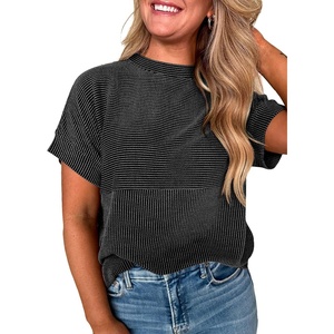image:imageEVALESS Womens Tops Teacher Outfits Short Sleeve Cute Ribbed Stripes Tshirt  Teacher Outfits for WomenCasual Womens TopsDressy Casual Ribbed Stripes TshirtRound Neck Summer Fashion Outfits 202602 Black