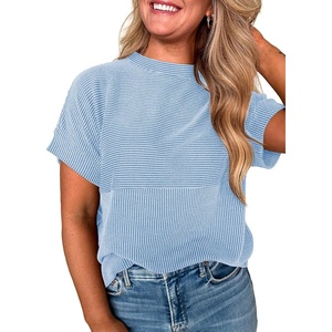 image:imageEVALESS Womens Tops Teacher Outfits Short Sleeve Cute Ribbed Stripes Tshirt  Teacher Outfits for WomenCasual Womens TopsDressy Casual Ribbed Stripes TshirtRound Neck Summer Fashion Outfits 2026Sky Blue