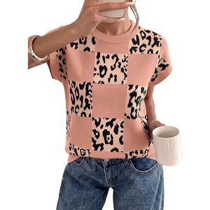 image:imageEVALESS Sweater Vest Women Short Sleeve Leopard Print Tops Fall Clothes  Womens Sweaters Crewneck Color Block Lightweight Casual 2026 FashionSepia Rose