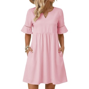 image:imageEVALESS Womens Summer Dresses V Neck Babydoll Mini Dress  Lightweight Loose A Line Fit Pull On Style Beach Travel Outfits1a Light Pink