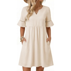 image:imageEVALESS Womens Summer Dresses V Neck Babydoll Mini Dress  Lightweight Loose A Line Fit Pull On Style Beach Travel OutfitsBeige