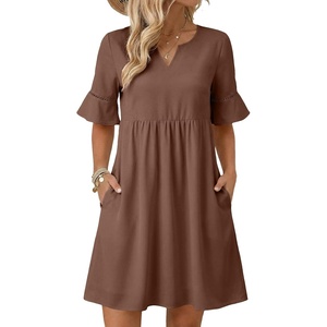 image:imageEVALESS Womens Summer Dresses V Neck Babydoll Mini Dress  Lightweight Loose A Line Fit Pull On Style Beach Travel OutfitsCoffee
