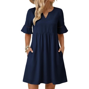 image:imageEVALESS Womens Summer Dresses V Neck Babydoll Mini Dress  Lightweight Loose A Line Fit Pull On Style Beach Travel OutfitsDirty Blue