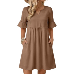 image:imageEVALESS Womens Summer Dresses V Neck Babydoll Mini Dress  Lightweight Loose A Line Fit Pull On Style Beach Travel OutfitsKhaki