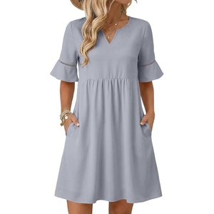 image:imageEVALESS Womens Summer Dresses V Neck Babydoll Mini Dress  Lightweight Loose A Line Fit Pull On Style Beach Travel OutfitsLight Blue