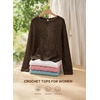 image:imageEVALESS Crochet Tops for Women Long Sleeve Hollow Out Knit Sweaters  Beach Vacation Cruise OutfitsKnit Pullover SweaterLightweight Breathable Cover UpsResort Wear for Spring Summer Fall TopBrown