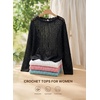 image:imageEVALESS Crochet Tops for Women Long Sleeve Hollow Out Knit Sweaters  Beach Vacation Cruise OutfitsKnit Pullover SweaterLightweight Breathable Cover UpsResort Wear for Spring Summer Fall TopA Black