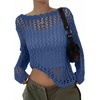 image:imageEVALESS Crochet Tops for Women Long Sleeve Hollow Out Knit Sweaters  Beach Vacation Cruise OutfitsKnit Pullover SweaterLightweight Breathable Cover UpsResort Wear for Spring Summer Fall TopDark Blue