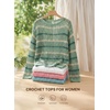 image:imageEVALESS Crochet Tops for Women Long Sleeve Hollow Out Knit Sweaters  Beach Vacation Cruise OutfitsKnit Pullover SweaterLightweight Breathable Cover UpsResort Wear for Spring Summer Fall TopGreen Stripe