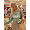 image:imageEVALESS Crochet Tops for Women Long Sleeve Hollow Out Knit Sweaters  Beach Vacation Cruise OutfitsKnit Pullover SweaterLightweight Breathable Cover UpsResort Wear for Spring Summer Fall TopGreen Stripe