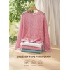 image:imageEVALESS Crochet Tops for Women Long Sleeve Hollow Out Knit Sweaters  Beach Vacation Cruise OutfitsKnit Pullover SweaterLightweight Breathable Cover UpsResort Wear for Spring Summer Fall TopA Pink