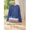 image:imageEVALESS Crochet Tops for Women Long Sleeve Hollow Out Knit Sweaters  Beach Vacation Cruise OutfitsKnit Pullover SweaterLightweight Breathable Cover UpsResort Wear for Spring Summer Fall TopDark Blue