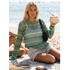 image:imageEVALESS Crochet Tops for Women Long Sleeve Hollow Out Knit Sweaters  Beach Vacation Cruise OutfitsKnit Pullover SweaterLightweight Breathable Cover UpsResort Wear for Spring Summer Fall TopGreen Stripe
