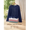 image:imageEVALESS Crochet Tops for Women Long Sleeve Hollow Out Knit Sweaters  Beach Vacation Cruise OutfitsKnit Pullover SweaterLightweight Breathable Cover UpsResort Wear for Spring Summer Fall TopNavy Blue