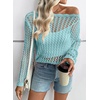 image:imageEVALESS Crochet Tops for Women Long Sleeve Hollow Out Knit Sweaters  Beach Vacation Cruise OutfitsKnit Pullover SweaterLightweight Breathable Cover UpsResort Wear for Spring Summer Fall TopA Light Blue