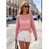 image:imageEVALESS Crochet Tops for Women Long Sleeve Hollow Out Knit Sweaters  Beach Vacation Cruise OutfitsKnit Pullover SweaterLightweight Breathable Cover UpsResort Wear for Spring Summer Fall TopA Pink