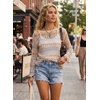 image:imageEVALESS Crochet Tops for Women Long Sleeve Hollow Out Knit Sweaters  Beach Vacation Cruise OutfitsKnit Pullover SweaterLightweight Breathable Cover UpsResort Wear for Spring Summer Fall TopApricot Stripe