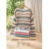 image:imageEVALESS Crochet Tops for Women Long Sleeve Hollow Out Knit Sweaters  Beach Vacation Cruise OutfitsKnit Pullover SweaterLightweight Breathable Cover UpsResort Wear for Spring Summer Fall TopKhaki Stripe